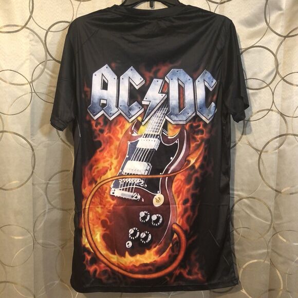 AC/DC Thunderstruck T-Shirt Men's Large Black Flaming Guitar AOP Rock Band Tee - Picture 2 of 4